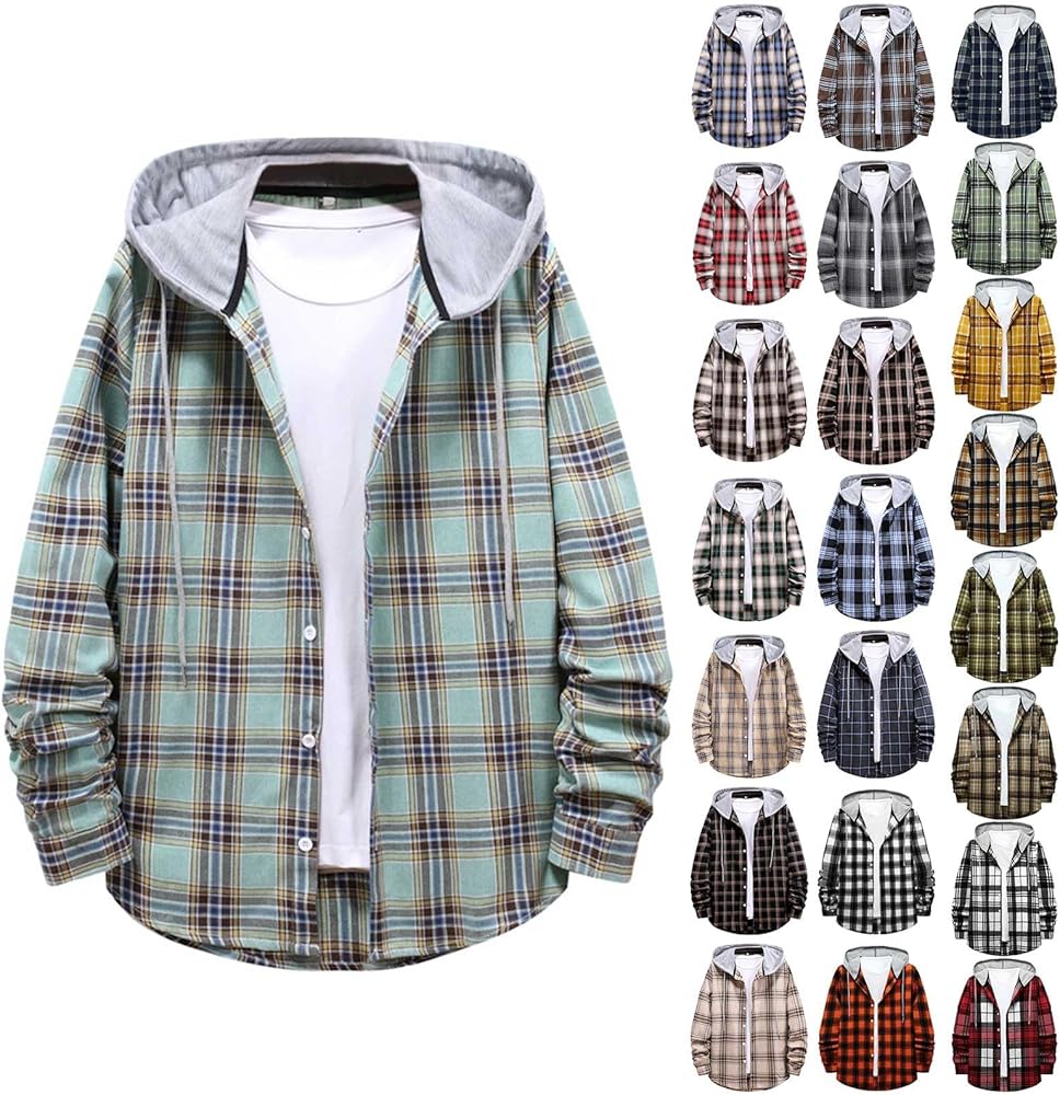 Mens Flannel Shirts Long Sleeve Plaid Lightweight Hooded Flannel Shirt Jacket Casual Button Down Fall Shacket