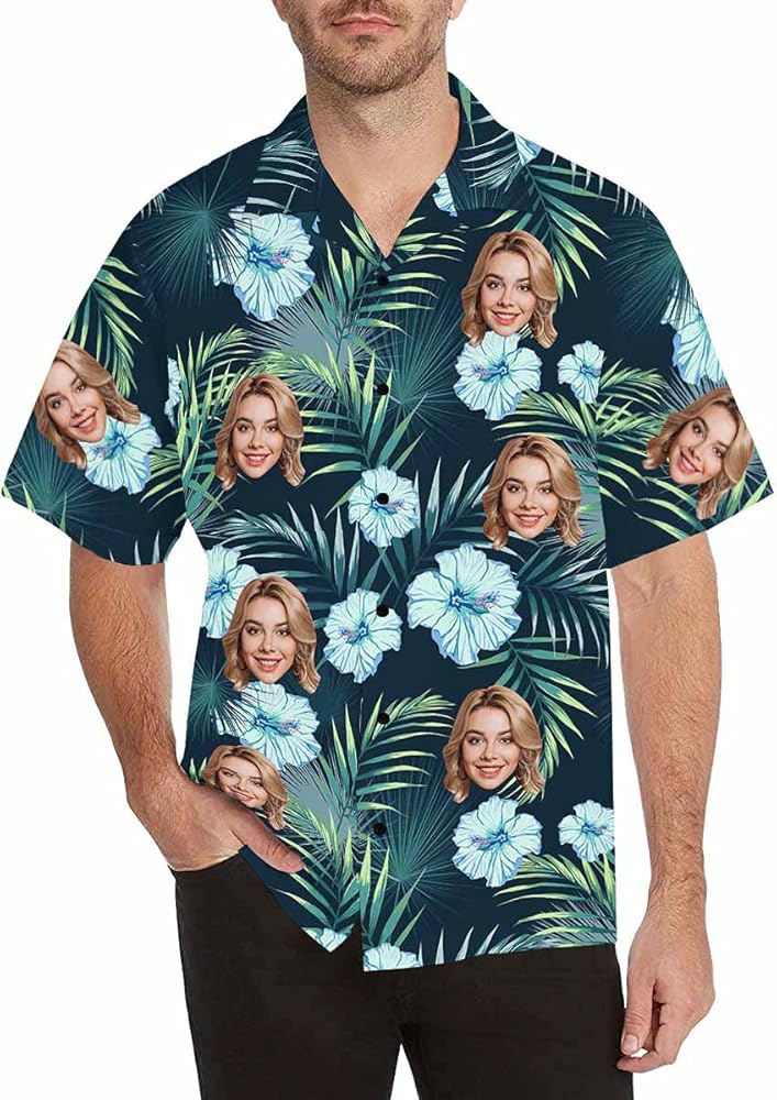 Custom Tropical Floral Hawaiian Shirt with Face for Men Personalized BF Husband’s Photo Men Aloha Beach Fruit Flower Shirts