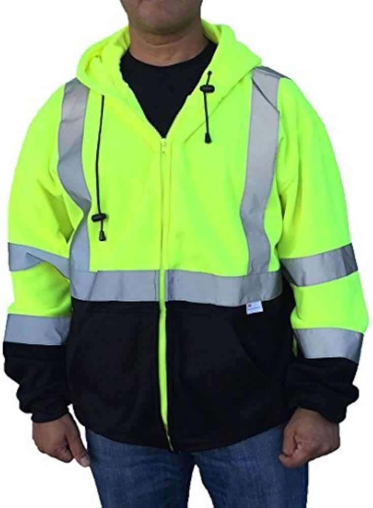 SAJ6700, ANSI/ISEA Class 3, Men’s Safety Fleece Hoodie Jacket, Reflective, Pockets, Neon Green w/Black Bottom