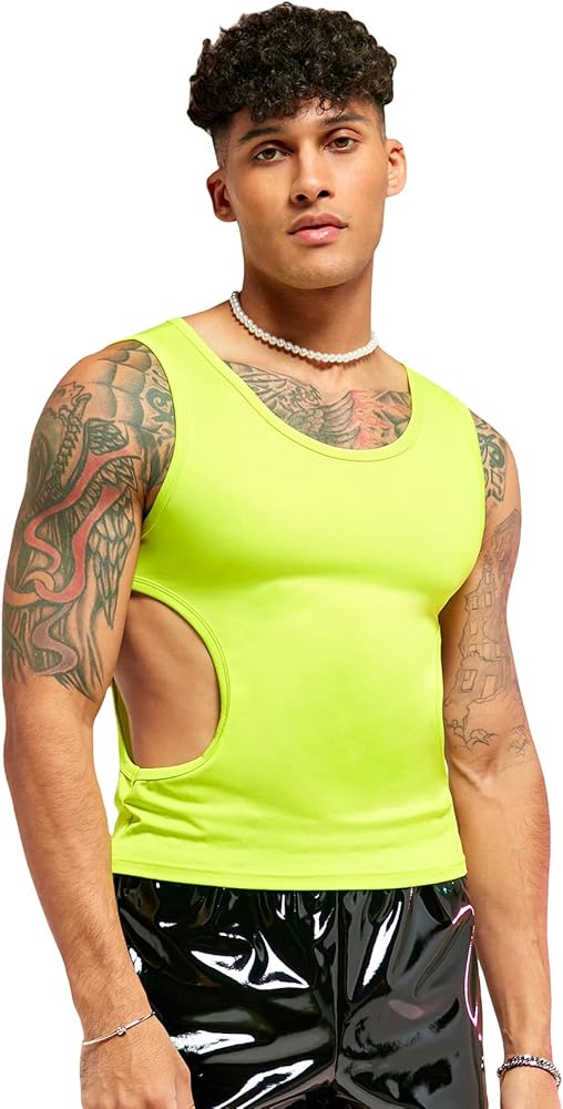 GORGLITTER Men's Tank Top Cut Out Sleeveless Round Neck Solid Crop Top