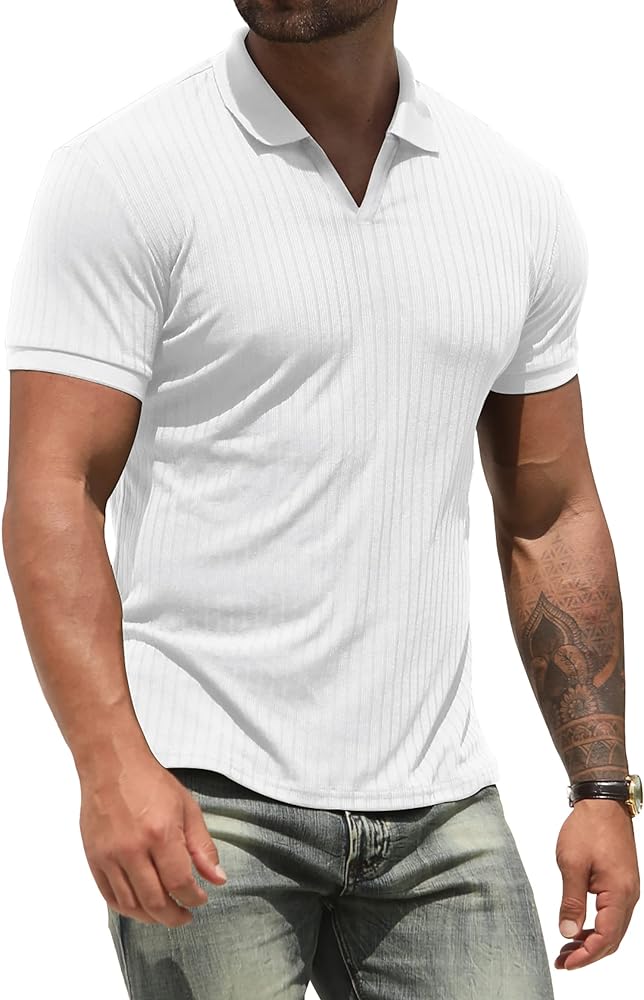 NITAGUT Polo Shirts for Men V Neck Slim Fit Short Sleeve Performance Golf Shirt Knit Soft Tees