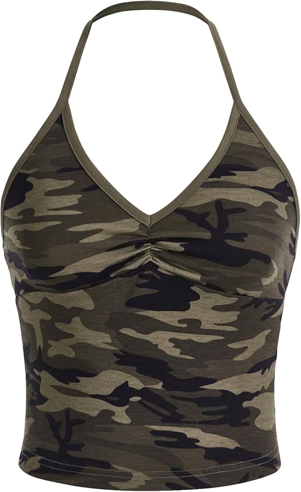 COZYEASE Women's Camo Print V Neck Sleeveless Crop Tops Casual Ruched Backless Halter Tops