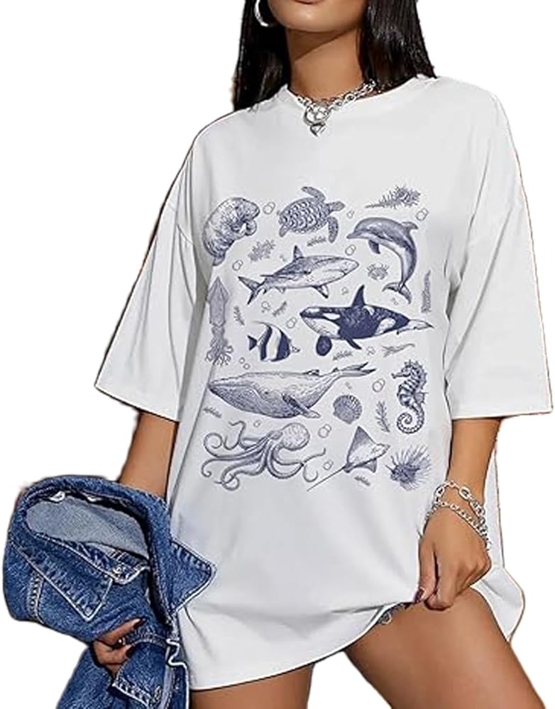 Oversized Graphic Tees for Women Y2k Short Sleeve Ocean/Shark Baggy Shirt Cute Crewneck Aesthetic Preppy Clothes