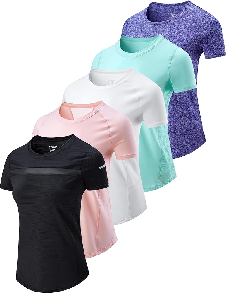 5 Pack: Womens Dry Fit Workout Shirts, Short Sleeve Athletic Gym Tshirts, Ladies Active Long Tees Bulk