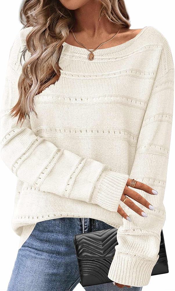 Zeagoo Womens Sweaters Cute Long Sleeve Off The Shoulder Pullover Tops Hollow Out Crochet Dressy Casual Outfits