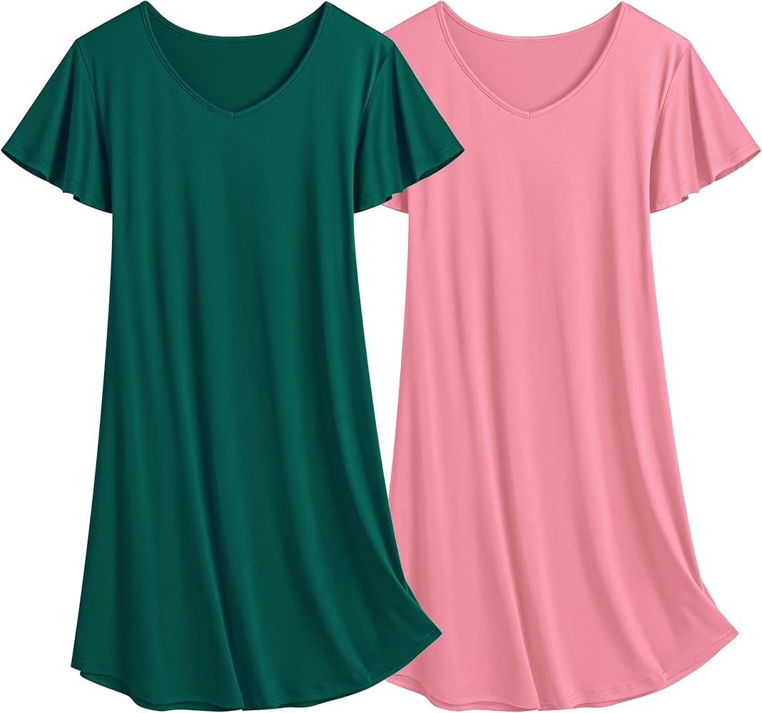 Ekouaer 2 Pack Nightgowns for Women Flare Short Sleeve Sleepshirt V Neck Sleepwear Pajama Dress S-2XL