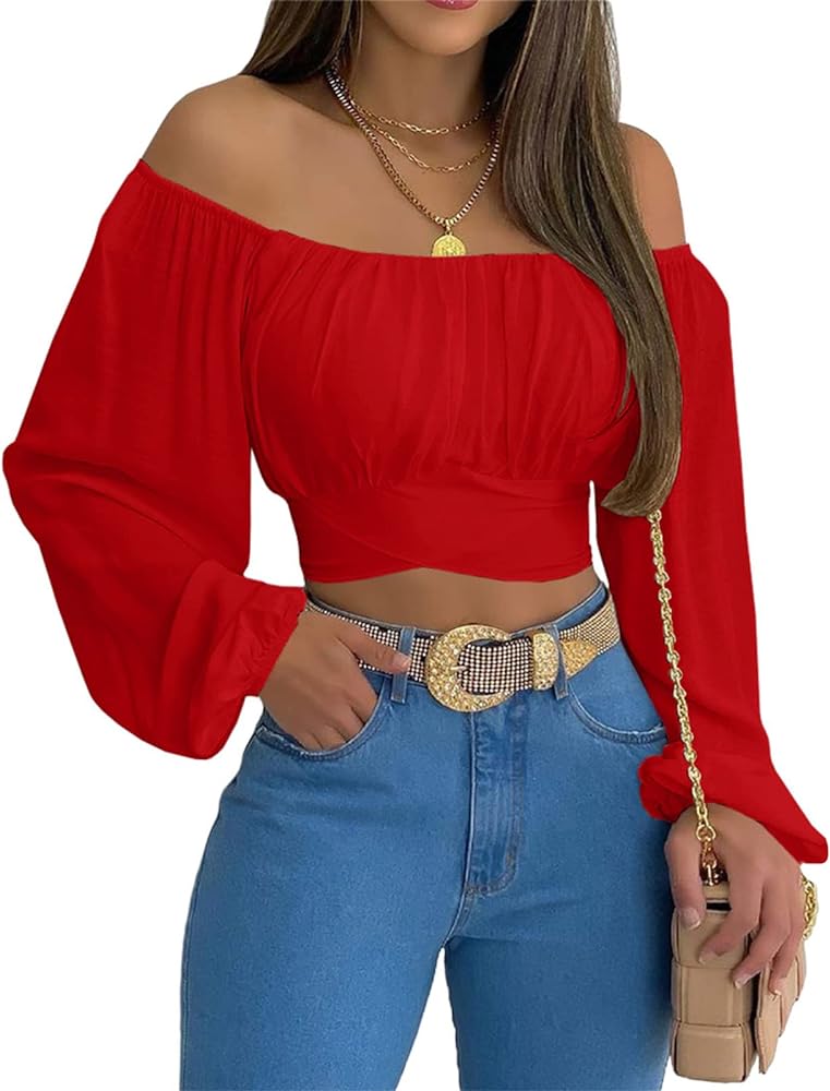 MIRACMODA Woman Off Shoulder Ruched Tie Back Crop Top Summer Lantern Sleeve Boho Shirt Blouse