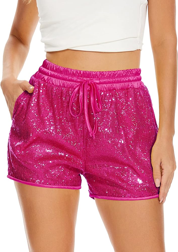 PESION Sequins Rave Shorts for Women High Waist Casual Loose A Line Hot Pants Sparkly Clubwear Night-Out