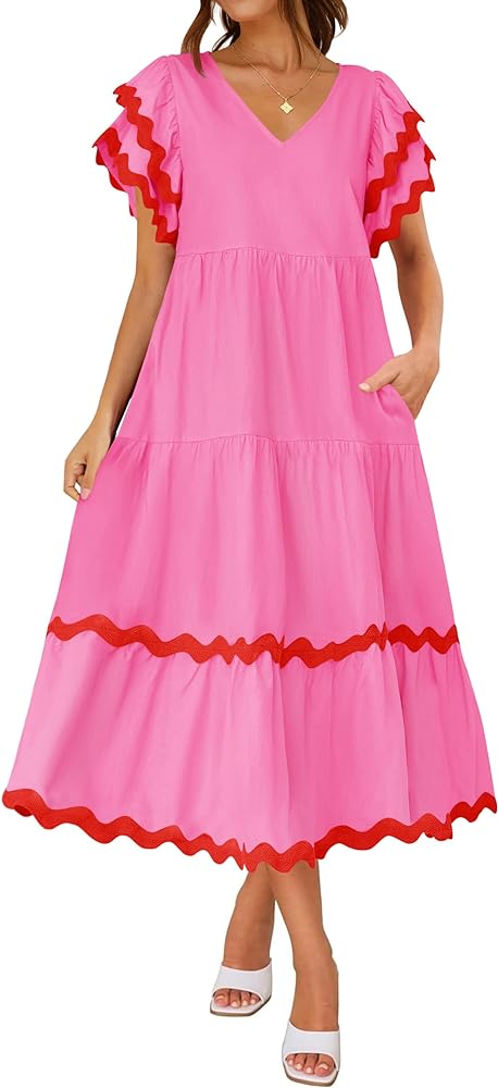 ZESICA Womens 2024 Summer Casual Midi Dresses V Neck Flutter Short Sleeve Ruffle Tiered A Line Flowy Beach Long Dress