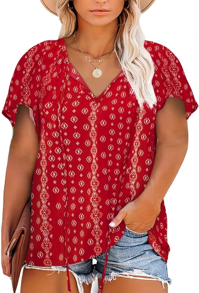 Eytino Women Plus Size Tops Boho Printed V Neck Short Sleeve Drawstring Casual Chiffon Shirts Blouse(1X-5X)