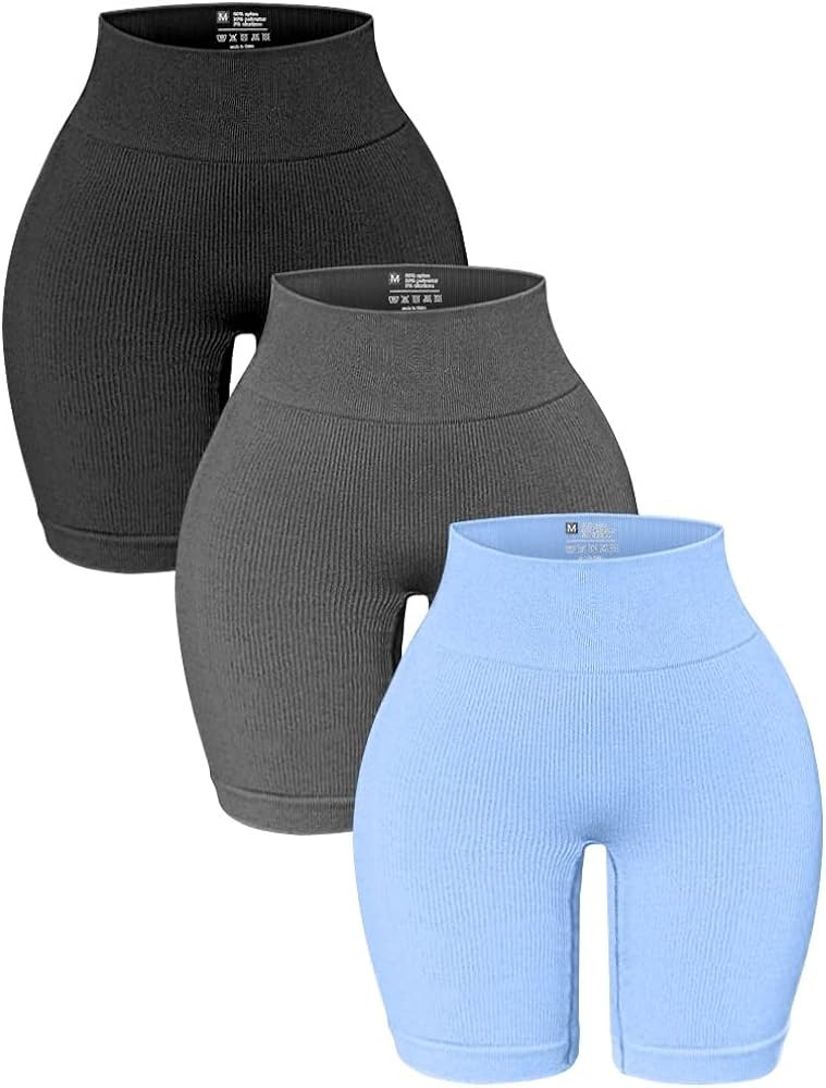 OQQ 3 Pack High Waisted Yoga Shorts for Women Ribbed Seamless Tummy Control Workout Athletic Shorts