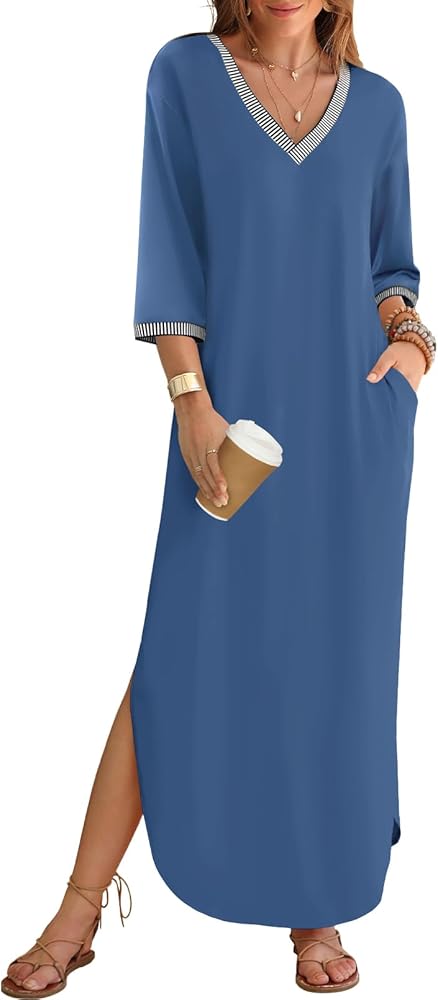 ZESICA Womens Dresses 2024 Causal 3/4 Sleeve V Neck Loose Fit Split Beach Long Maxi Dress with Pockets