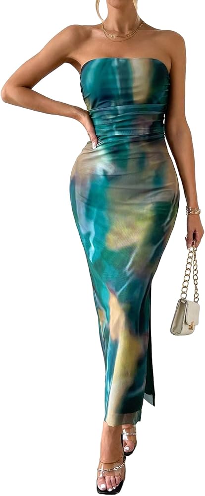 Milumia Women's Summer Tie Dye Strapeless Tube Dress Ruched Bodycon Maxi Dress