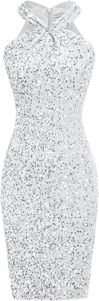 GRACE KARIN Sequin Dress for Women Sleeveless Sparkly Glitter Halter Dress Bodycon Mini Club Dresses 2024