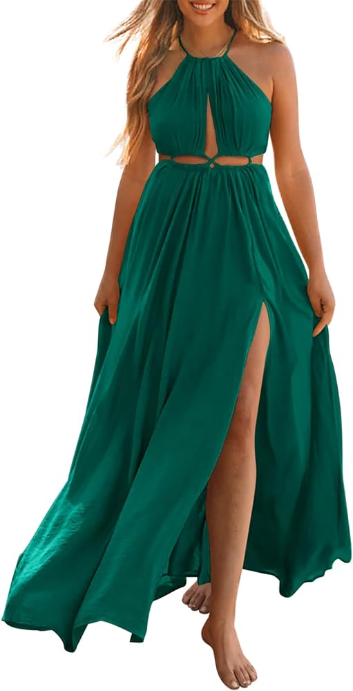 BTFBM Women 2024 Summer Sleeveless Halter Maxi Dress Cutout Backless Slit Boho Party Cocktail Casual Beach Sun Dresses