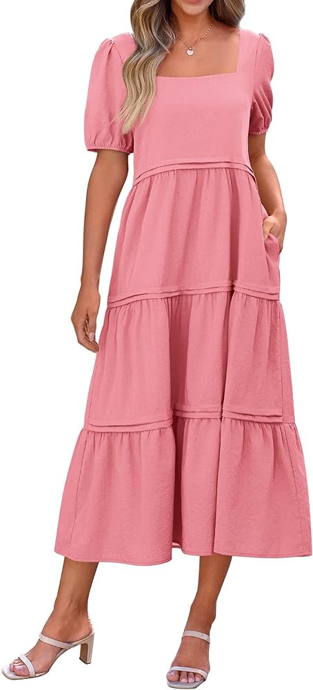 KIRUNDO Women Summer Dresses 2024 Spring Fashion Boho Puff Sleeve Square Neck Pocketed Loose Fit Tiered Flowy Maxi Dress