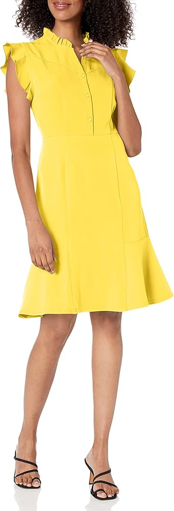 Nanette Nanette Lepore Women's Cap Sleeve Shirt Dress with Front Button Placket Closure and Ruffle Detail at The Neck