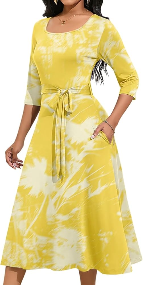 Magritta Midi Dresses for Women Casual 3/4 Sleeve Wrap Dress Plus Size Curvy Cocktail Dresses with Pockets