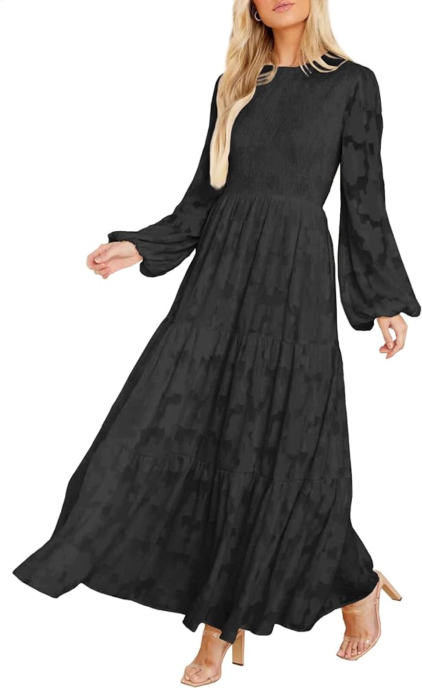 MITILLY Women's Elegant Floral Long Sleeve Round Neck Smocked A-Line Flowy Tiered Maxi Dress with Pockets