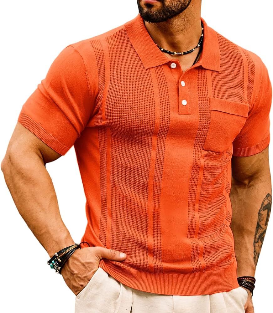 GRACE KARIN Men's Knit Polo Shirts Short Sleeve Texture Lightweight Golf Shirts Sweater