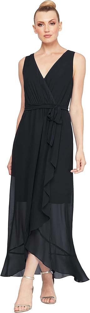 S.L. Fashions Women's Sleeveless Chiffon V-Neck Wrap Dress with Cascade Ruffle