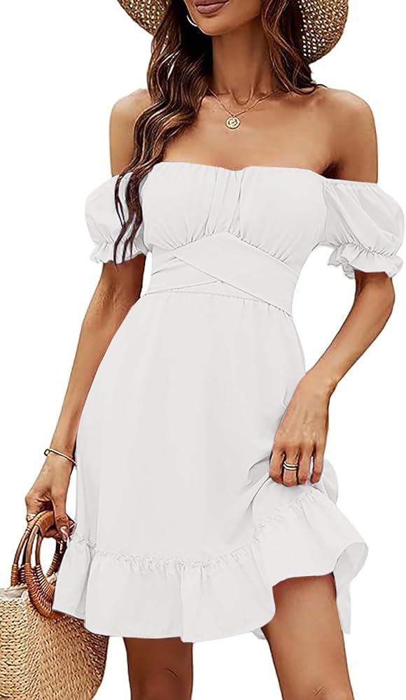 LYANER Women's Off Shoulder Puff Short Sleeve Ruffle High Waist Summer Mini Dress