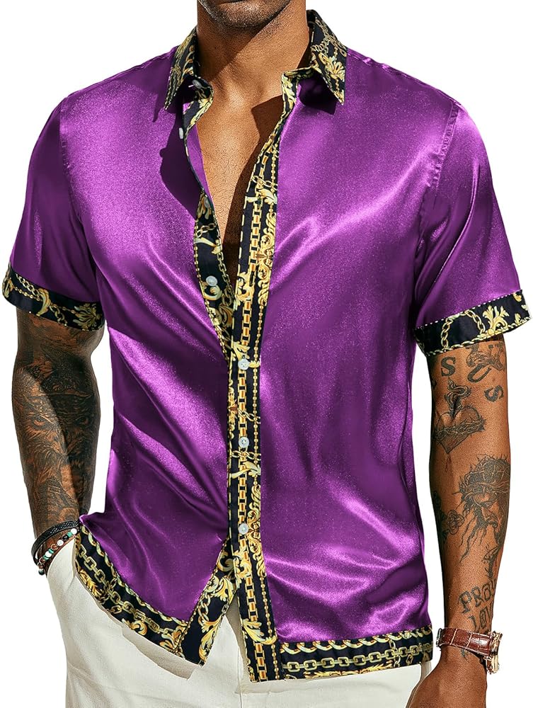 PJ PAUL JONES Mens Button Down Shirt Casual Stretch Satin Silk Shirts Hawaiian Beach Shirts