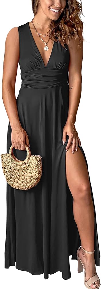 Womens Sleeveless Deep V-Neck Sexy Side Slit Party Club Maxi Dress Casual Sundress for Women 2024