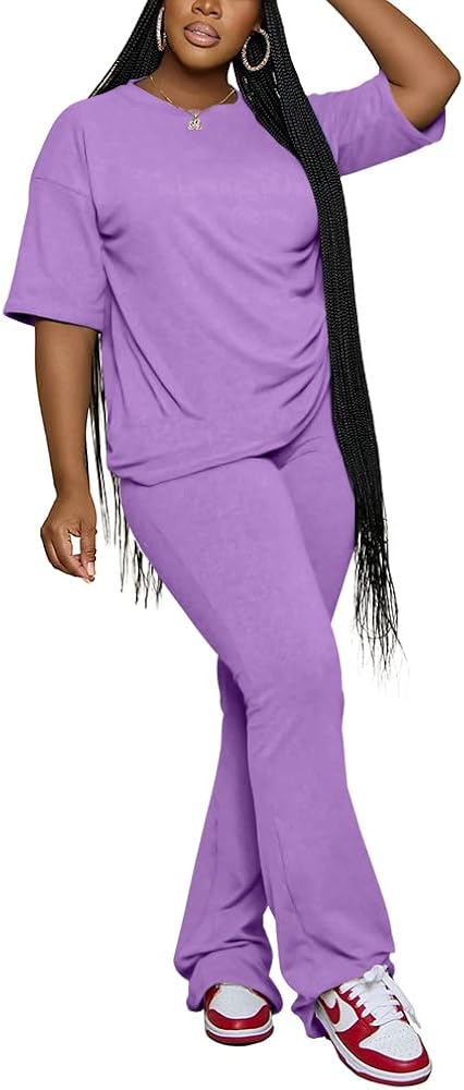 PINSV Women 2 Piece Outfits Short Sleeve Top and Flare Pants Lounge Sets Tracksuit