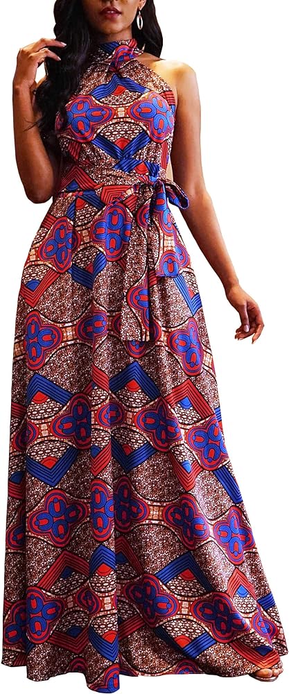 VERWIN Floor Length Lace-Up High Waist Stand Collar Sleeveless Women's Maxi Dress Print Dress Brown