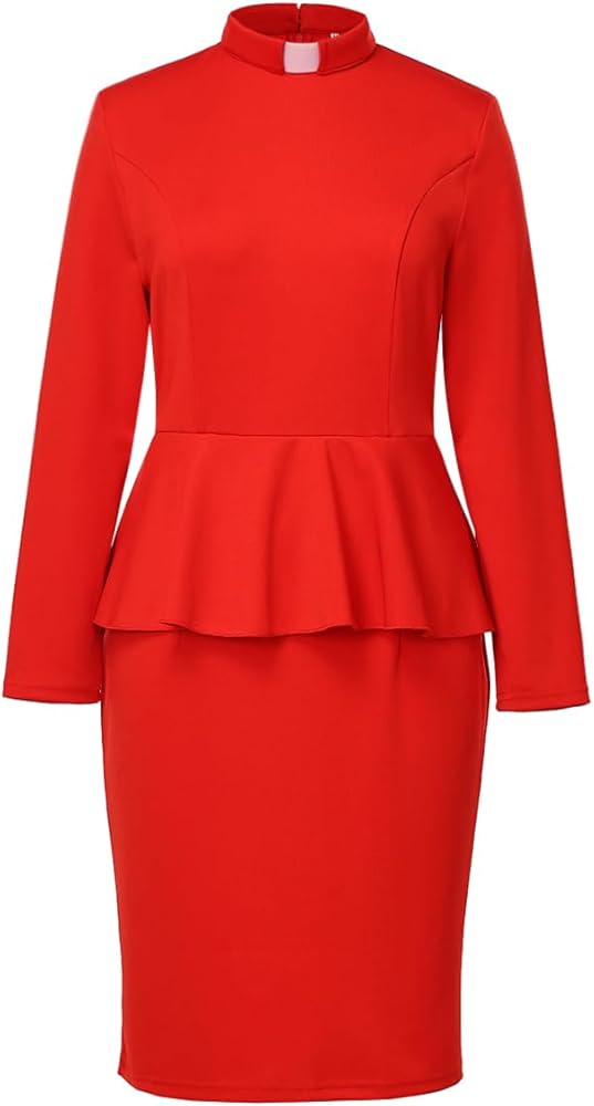 Church Clergy Dress for Women Minister Long Sleeve Ruffle Slim Pencil Dress with Tab Insert Stand Collar