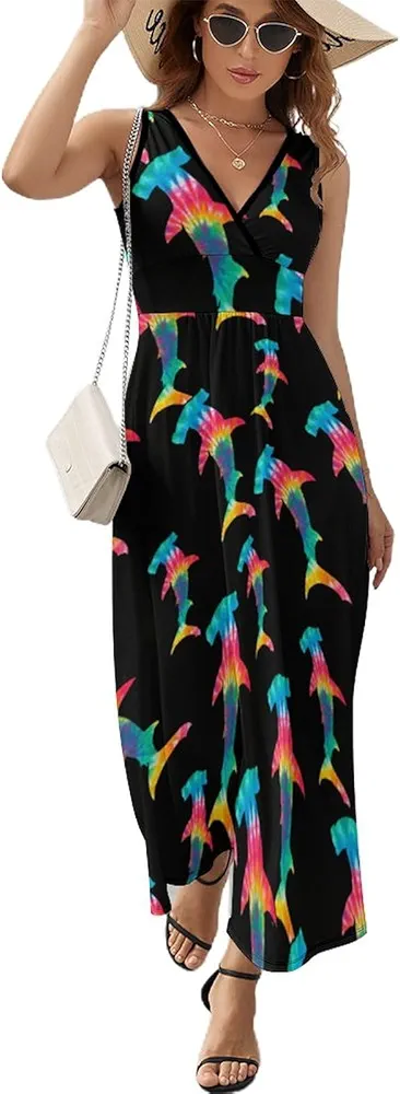 Tie Dye Hammerhead Shark Womens Dresses Summer Sleeveless Long Maxi Dress V Neck A Line Beach Sun Dress XL