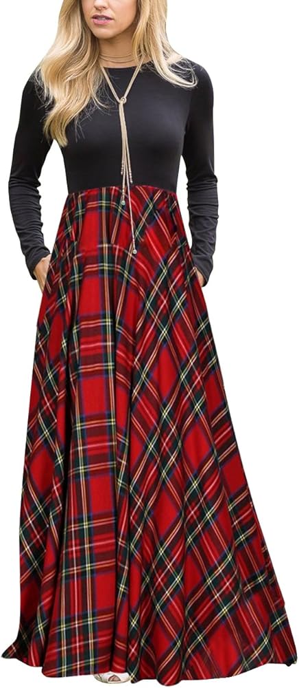 MEROKEETY Women's Long Sleeve Plaid Empire Waist Full Length Maxi Dress with Pockets