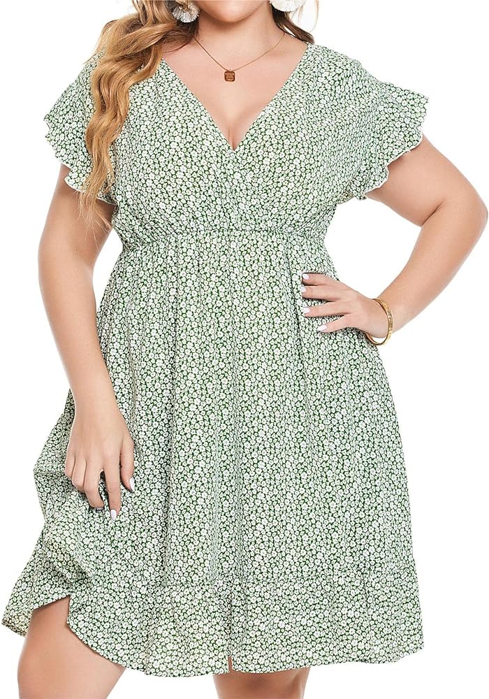 IN'VOLAND Plus Size Summer Boho Dress Ruffle Floral Printed V Neck Short Sleeve Casual High Waist Beach Flowy Mini Dress