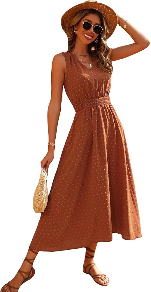 Milumia Women's Swiss Dots Smocked Waist V Neck Sleeveless A Line Flowy Long Dress