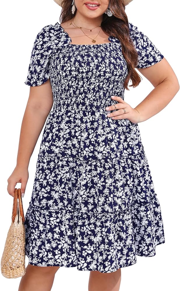 Women's Casual Summer Smocked Ruffle Dresses 2024 Plus Size Square Neck Woven Midi Floral Wedding Guest Dress