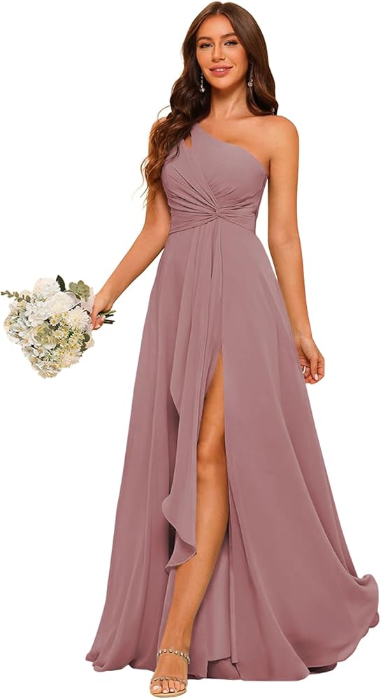 RSOETOO Chiffon One Shoulder Bridesmaid Dresses with Slit A-Line Long Formal Party Dress with Pockets RO022