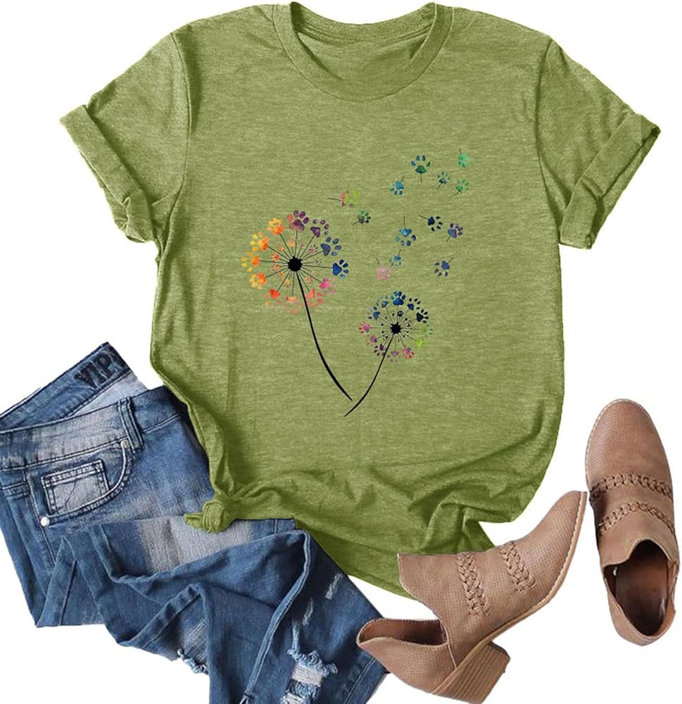 Anbech Womens Dandelion Graphic T-Shirts Teen Girls Cute Sunflower Print Casual Tee Tops