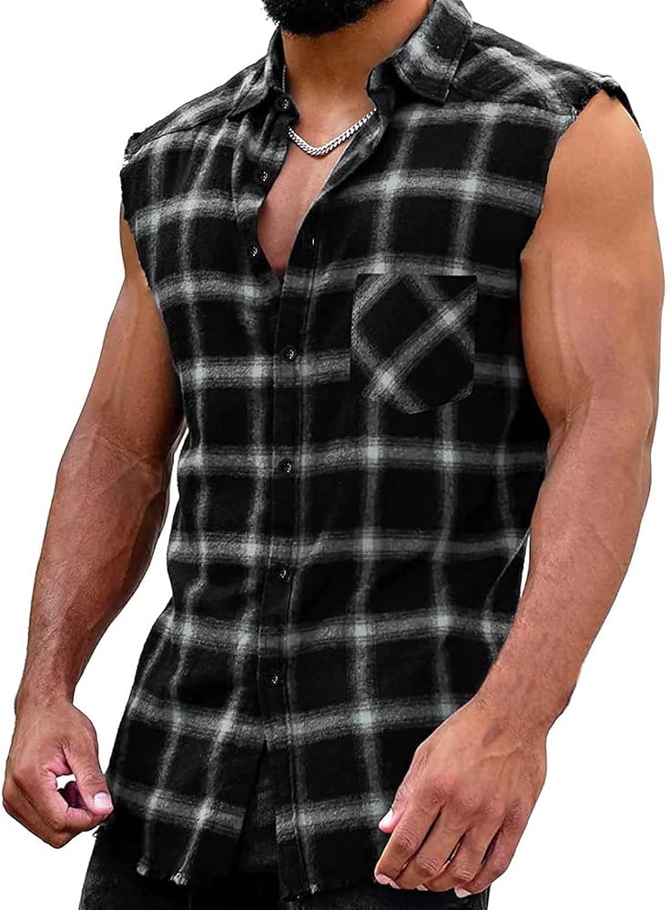 Sleeveless Flannel Shirt Men Casual Plaid Button Down Shirts Vest