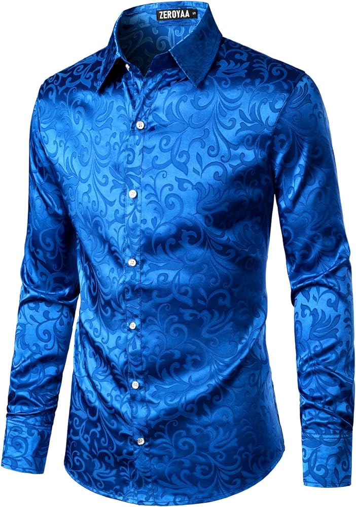 ZEROYAA Men's Luxury Jacquard Long Sleeve Dress Shirt Shiny Satin Slik Like Wedding Party Prom Shirts