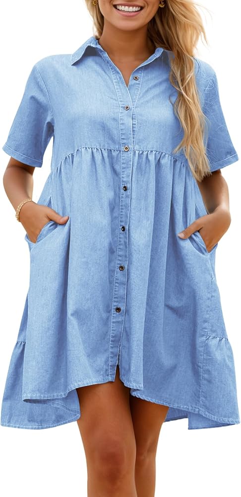 Women's Denim Babydoll Dress Short Sleeve Collared Button Down Tiered Summer Flowy Jean Dresses with Pockets