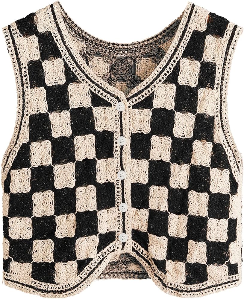 Verdusa Women's Button Front V Neck Sleeveless Crochet Plaid Checkered Knit Sweater Vest