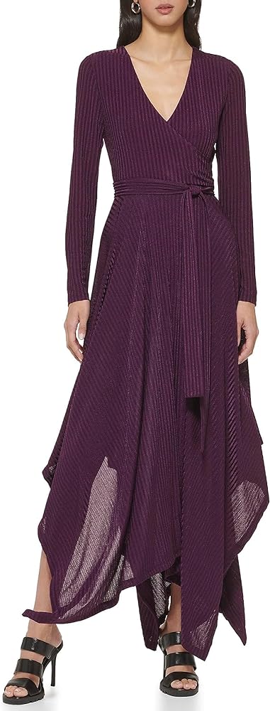 DKNY Long Sleeve Rib Hacci Wrap Maxi Dress Blackberry SM