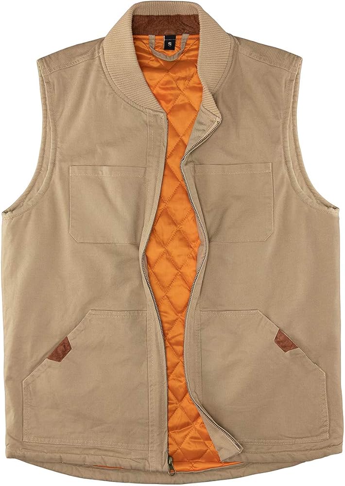 Men's Quilted Lined Vest Washed Canvas Winter Warm Outdoor Hunting Work Utility Travel Vest Jacket