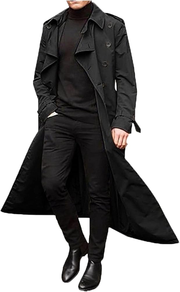 Kainawee Mens Trench Coat Slim Fit Long Casual Jacket Stylish Double Breasted Belted Coats Long Sleeve Lapel Fashion Cardigan