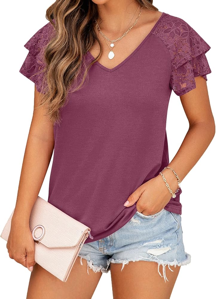 Womens Summer Tops Ruffle Sleeve with Lace Short Sleeve V Neck Shirts Casual Loose Fit T-shirts