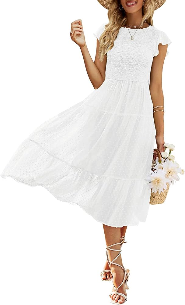 MEROKEETY Women's Summer Flutter Short Sleeve Smocked Midi Dress Swiss Dot Flowy Tiered Dresses