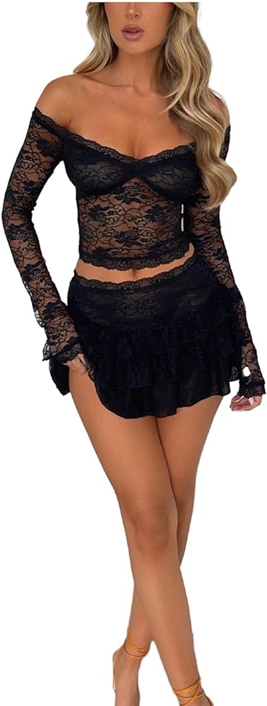 Women's Y2K Two Piece Lace Mini Skirt Set Sexy Sheer Mesh Tube Top Skirt Suit Bodycon Outfits Matching Set