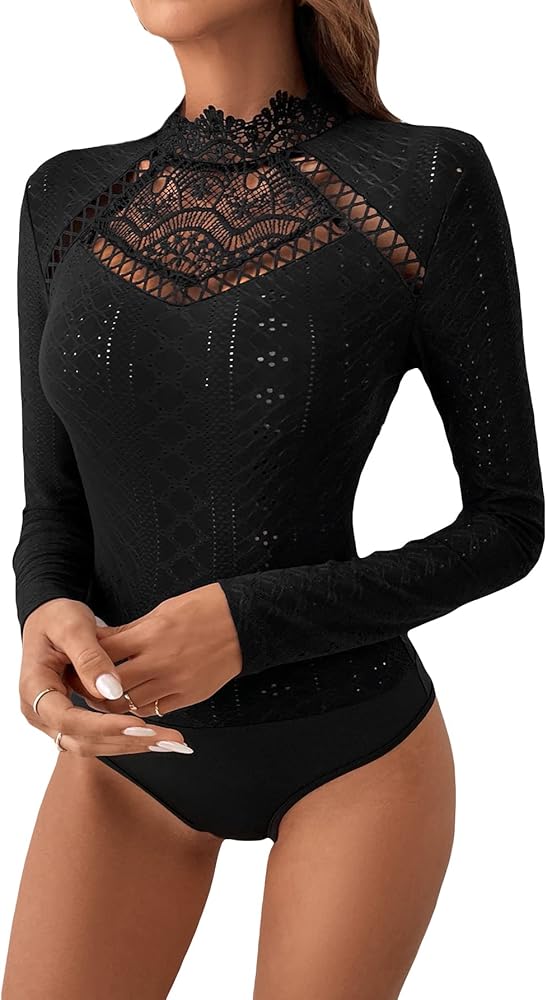 OYOANGLE Women's Elegant Lace Long Sleeve Mock Neck Embroidery Slim Fit Bodysuit Tee Tops