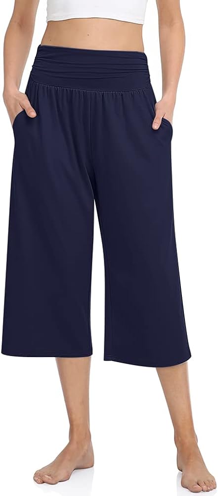 TARSE Women's High Waisted Capri Pants Casual Wide Leg Yoga Pants Loose Soft Pajamas with Pockets Sweatpants